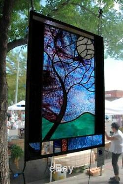 Stained Glass Window Panel Moonlit Tree blue purple green black