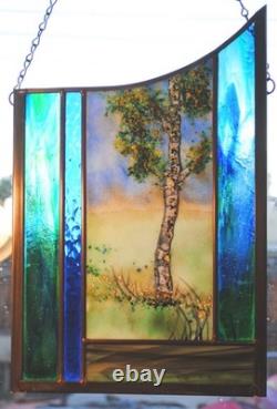 Stained Glass Window Panel Moonlit Tree clouds handpainted blue green irridized