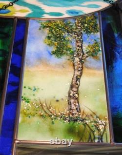 Stained Glass Window Panel Moonlit Tree clouds handpainted blue green irridized