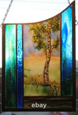 Stained Glass Window Panel Moonlit Tree clouds handpainted blue green irridized