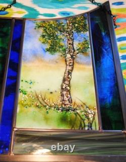 Stained Glass Window Panel Moonlit Tree clouds handpainted blue green irridized