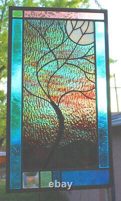 Stained Glass Window Panel Moonlit Tree purple turquoise green