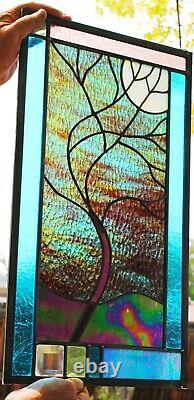 Stained Glass Window Panel Moonlit Tree purple turquoise green