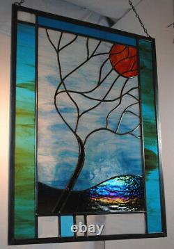 Stained Glass Window Panel Moonlit Tree turquoise