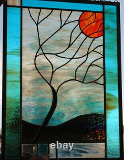 Stained Glass Window Panel Moonlit Tree turquoise