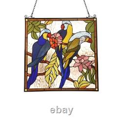 Stained Glass Window Panel Parrot Birds 24.8 Tall Handcrafted Art Glass