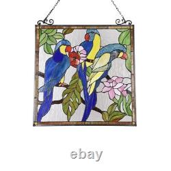 Stained Glass Window Panel Parrot Birds 24.8 Tall Handcrafted Art Glass