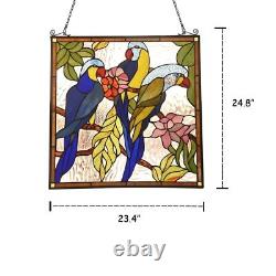 Stained Glass Window Panel Parrot Birds 24.8 Tall Handcrafted Art Glass