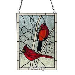 Stained Glass Window Panel Red Bird Cardinal Songbird Tiffany Style 12 x 30