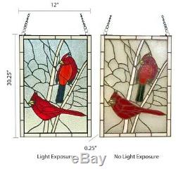 Stained Glass Window Panel Red Bird Cardinal Songbird Tiffany Style 12 x 30