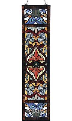 Stained Glass Window Panel, Red, Blue, Amber Victorian Style 36 Tall Beautiful