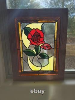 Stained Glass Window Panel Rose Handcrafted & Wood Framed 13 1/4 x 9 1/2