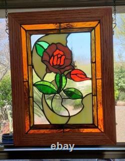 Stained Glass Window Panel Rose Handcrafted & Wood Framed 13 1/4 x 9 1/2