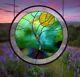 Stained Glass Window Panel Round Stormy Tree Blue Green Gold Black