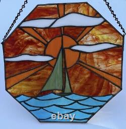 Stained Glass Window Panel Sailboat Boat Nautical Design Octagon 14 Diameter