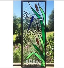 Stained Glass Window Panel, Stained Glass Dragonfly Bullrush, Custom Made