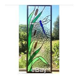 Stained Glass Window Panel, Stained Glass Dragonfly Bullrush, Custom Made