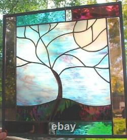 Stained Glass Window Panel Stormy Tree turquoise purple black
