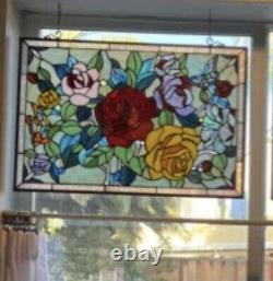 Stained Glass Window Panel Suncatcher 27x19 High Rose Garden Trio Tiffany Style