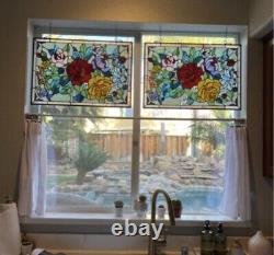 Stained Glass Window Panel Suncatcher 27x19 High Rose Garden Trio Tiffany Style