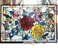 Stained Glass Window Panel Suncatcher 27x19 High Rose Garden Trio Tiffany Style