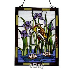 Stained Glass Window Panel Suncatcher Birds and Lillies Theme Handcrafted