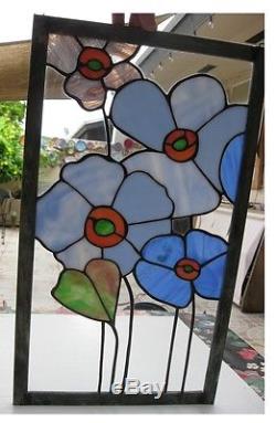 Stained Glass Window Panel Suncatcher / Blue Flowers