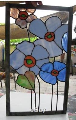 Stained Glass Window Panel Suncatcher / Blue Flowers