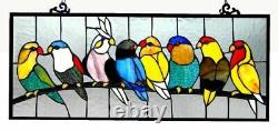 Stained Glass Window Panel Suncatcher Colorful Singing Birds Art Glass 10 x 25