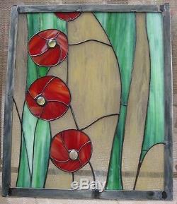 Stained Glass Window Panel Suncatcher / Green with Red Poppies