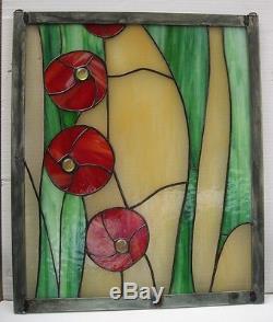 Stained Glass Window Panel Suncatcher / Green with Red Poppies