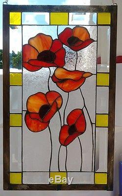 Stained Glass Window Panel Suncatcher / Red Flowers with Bevels