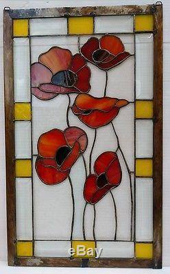 Stained Glass Window Panel Suncatcher / Red Flowers with Bevels