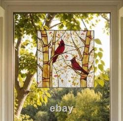Stained Glass Window Panel Suncatcher of Red Cardinals 92 Pieces Glass 14x14in