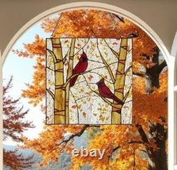 Stained Glass Window Panel Suncatcher of Red Cardinals 92 Pieces Glass 14x14in