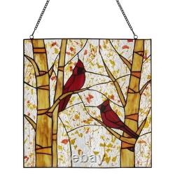 Stained Glass Window Panel Suncatcher of Red Cardinals 92 Pieces Glass 14x14in