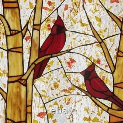 Stained Glass Window Panel Suncatcher of Red Cardinals 92 Pieces Glass 14x14in