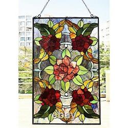 Stained Glass Window Panel Suncatcher with Floral Rose Theme Tiffany Style