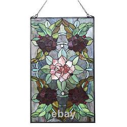 Stained Glass Window Panel Suncatcher with Floral Rose Theme Tiffany Style