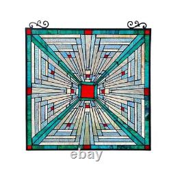 Stained Glass Window Panel Tiffany Style Colorful Mission Arts & Crafts 25 x 26