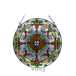 Stained Glass Window Panel Tiffany Style Floral Design Round 24in