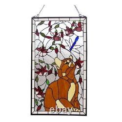 Stained Glass Window Panel Tiffany Style Handcrafted Cat & Dragonfly 18 x 31
