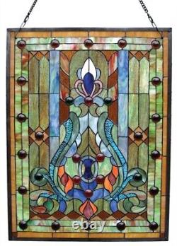 Stained Glass Window Panel Tiffany Style Victorian Design 18 Wide x 24 High