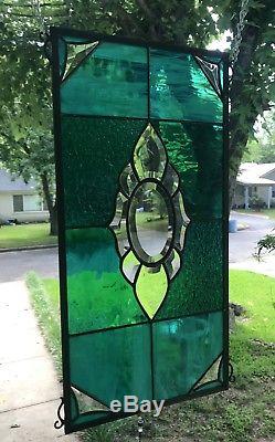 Stained Glass Window Panel Transom Bevel Center in Teal Tones 11 x 22