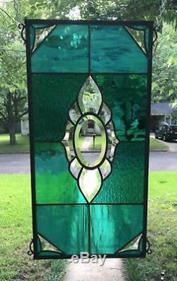 Stained Glass Window Panel Transom Bevel Center in Teal Tones 11 x 22