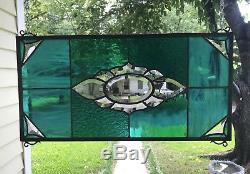 Stained Glass Window Panel Transom Bevel Center in Teal Tones 11 x 22