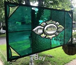 Stained Glass Window Panel Transom Bevel Center in Teal Tones 11 x 22