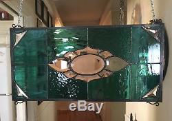 Stained Glass Window Panel Transom Bevel Center in Teal Tones 11 x 22