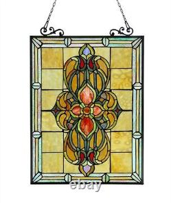 Stained Glass Window Panel Victorian Medallion Design 18 x 25 Suncatcher