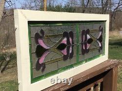 Stained Glass Window Panel, Wooden Frame, Leaded Glass Art Nouveau Style EUC